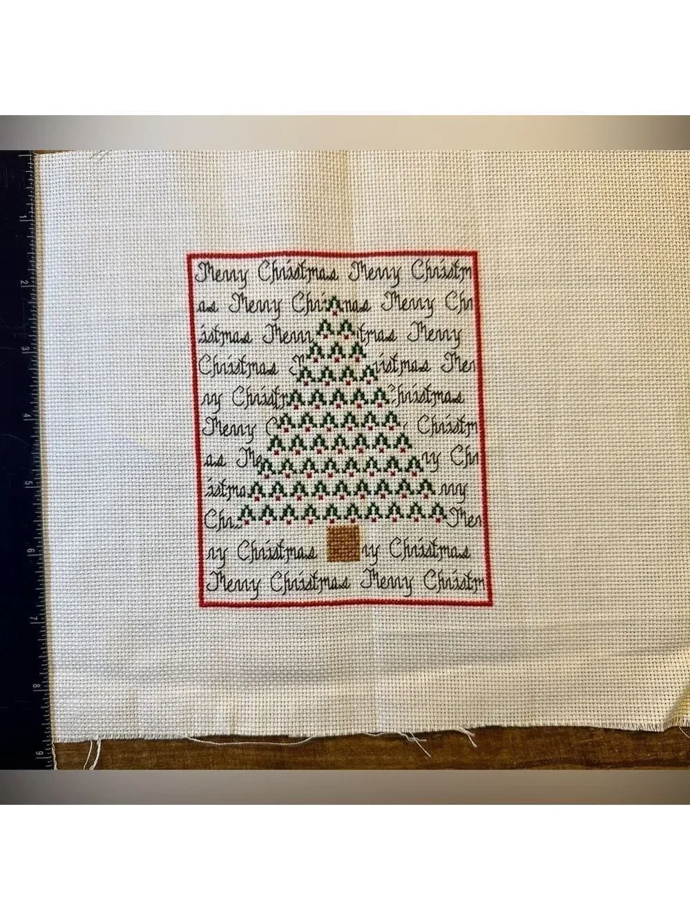 Vintage Christmas Tree + Merry Christmas Cross Stitch Completed needlework panel